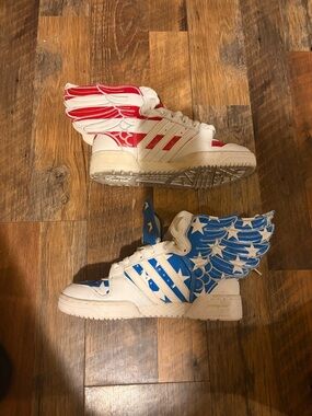Adidas Jeremy Scott Kids Winged High-Tops in White with Red & Blue Accents